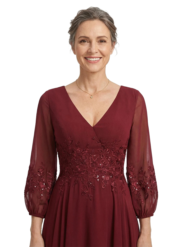 ChicSew V-Neck 3/4 Sleeve Beaded Lace Applique Ruched Waist Ankle Length Chiffon Formal Mother Of The Bride And Groom Dresses