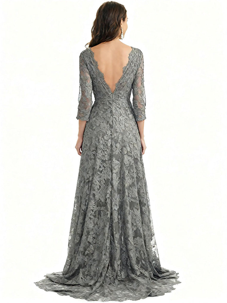 Elegant V-neck Half Sleeves High Low Lace Mother of the Brides Dresses