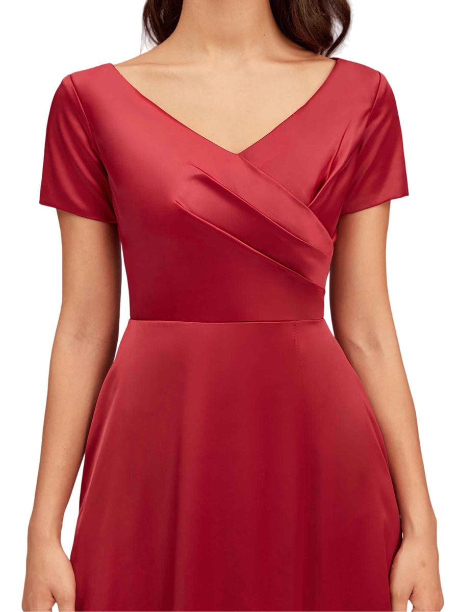 Elegant V-Neck Short Sleeves Long Soft Satin Bridesmaid Dresses With Slit