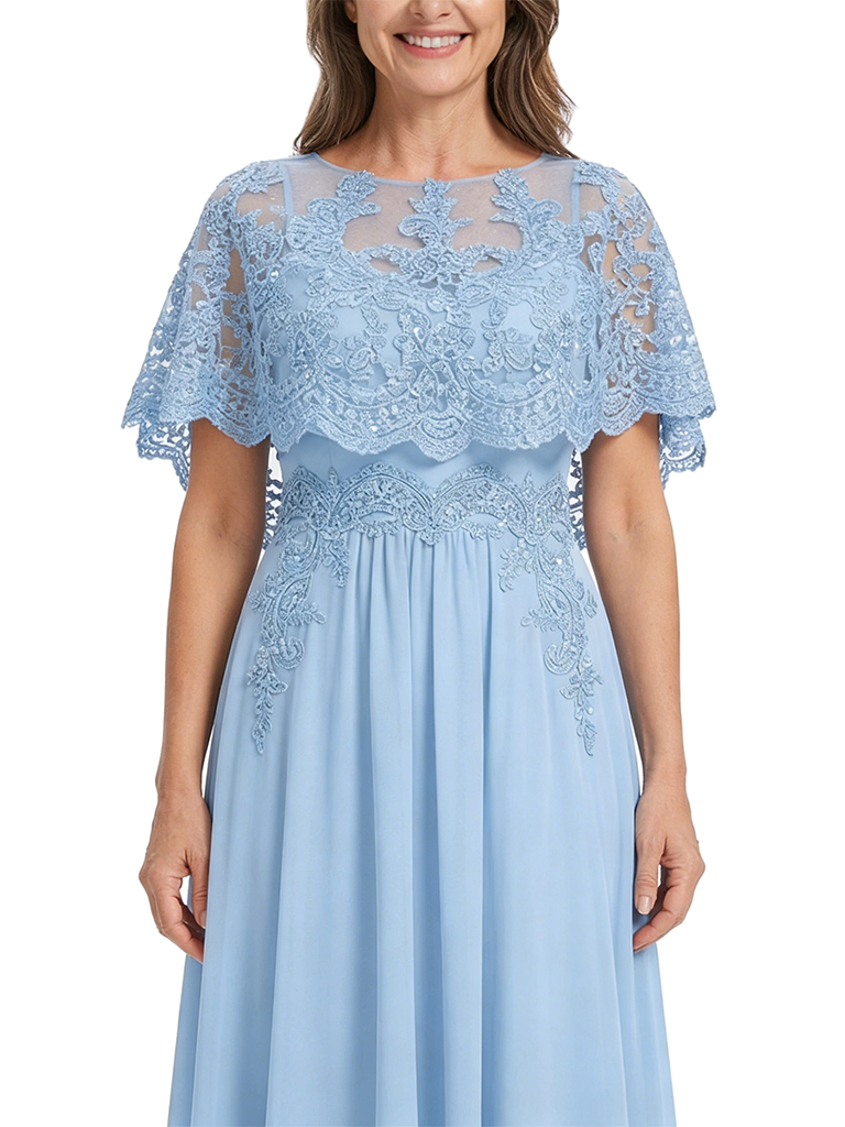 ChicSew Round Neck Cape Sleeve Beaded Lace Applique Floor Length Chiffon Elegant Mother of the Bride Dresses