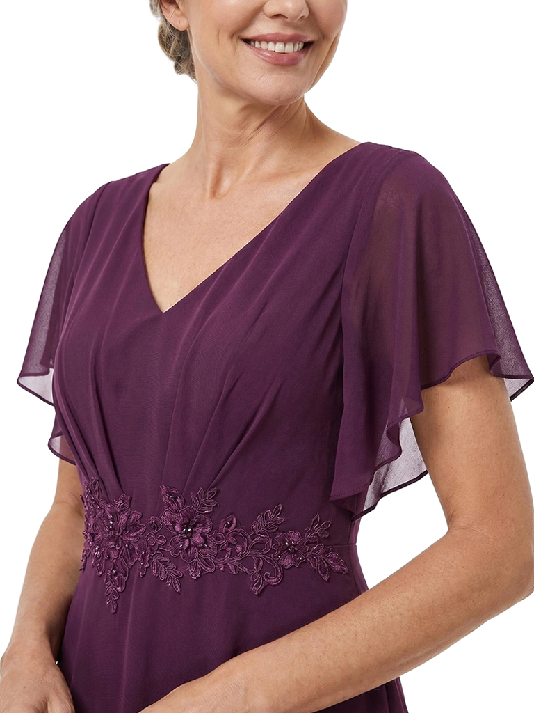 ChicSew V-Neck Flutter Sleeve Lace Applique Chiffon High-Low A-Line Mother of the Bride Dress