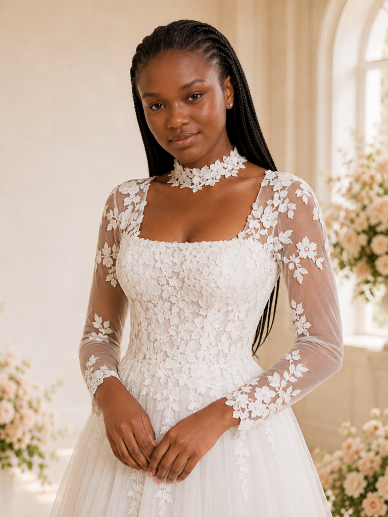 ChicSew Elegant A-Line Square Neckline Tulle Long Sleeves Maxi Wedding Dress With Lace Applique