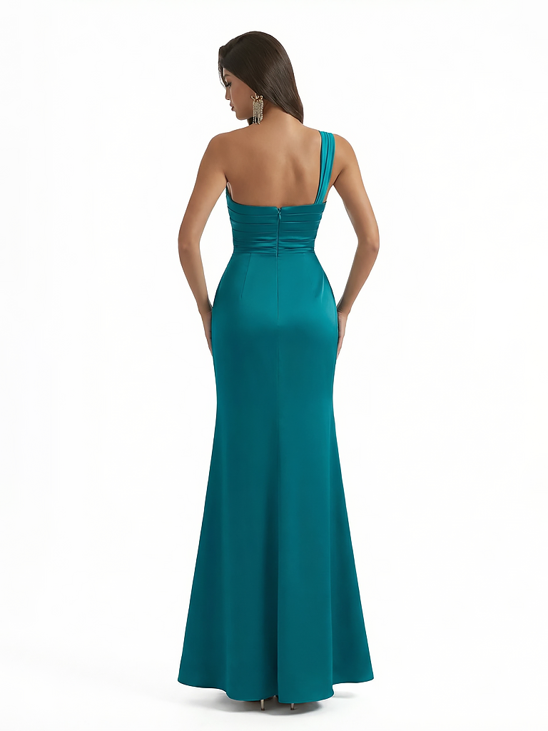 Sexy One Shoulder Ruched Silky Satin Mermaid Long Evening Dresses For Women Side Slit