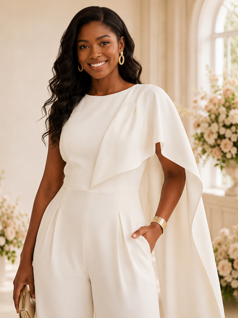ChicSew Elegant Unique Cape Sleeve Floor-Length Wedding Jumpsuit With Pocket