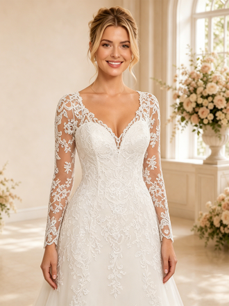 ChicSew Unique V-Neck A-Line Long Sleeves Lace Tulle Maxi Long Wedding Dresses