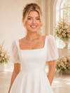ChicSew Classy A-Line Square Neckline Floor-Length Pleated Crepe Wedding Dress With Tulle Short Sleeves