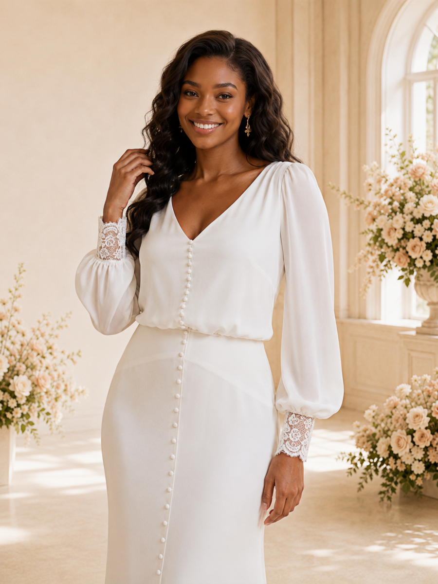ChicSew Elegant V-Neck Long Sleeves Button Chiffon Mermaid Maxi Wedding Dress