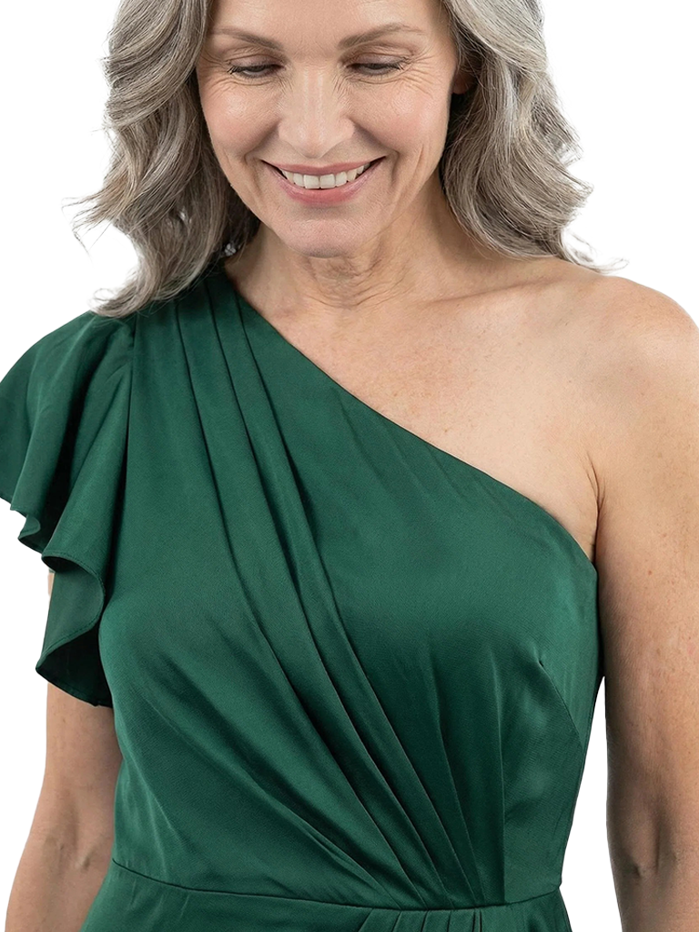 ChicSew One Shoulder Ruffle Sleeve Asymmetrical High Low Length Satin Mother Of The Bride Cocktail Dresses