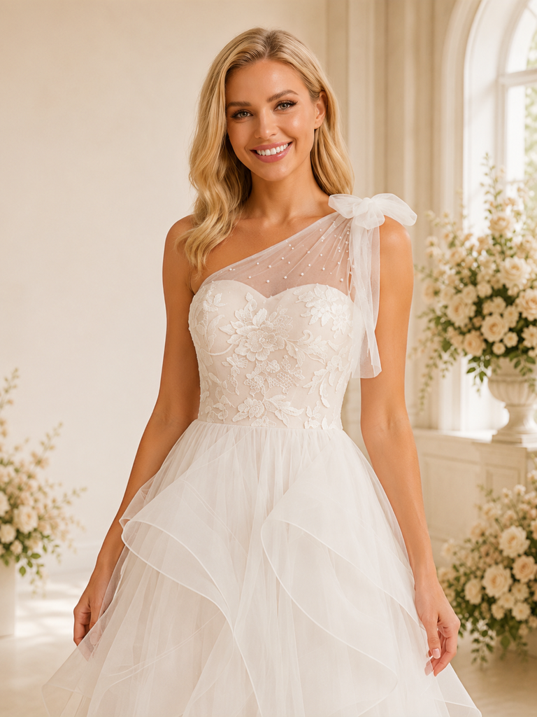 ChicSew Elegant Unique One Shoulder Lace Tulle Ruffled Maxi A-Line Wedding Dress