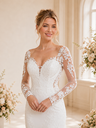 ChicSew Classy V-Neck Long Sleeves Lace Tulle Mermaid Maxi Wedding Dress With Long Train