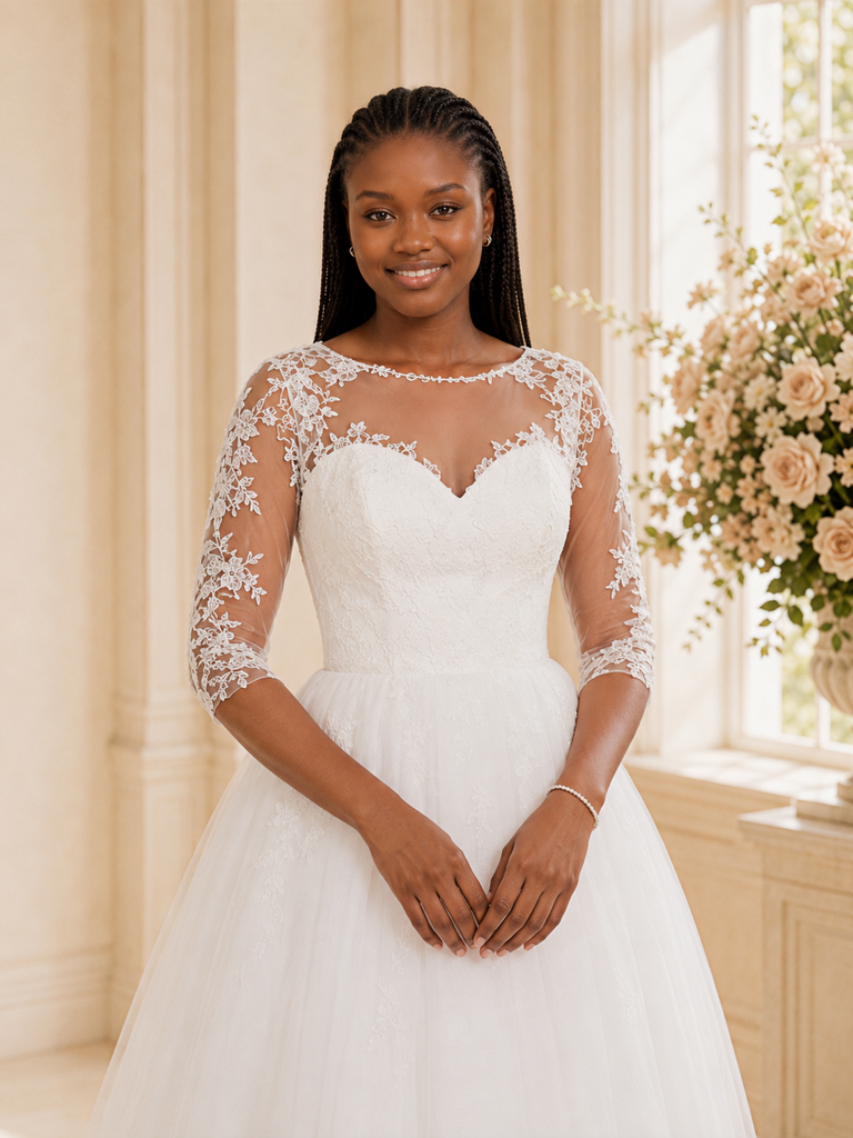 ChicSew Elegant A-Line Illusion 3/4 Sleeves Lace Appliques Tulle Tea-Length Wedding Dress