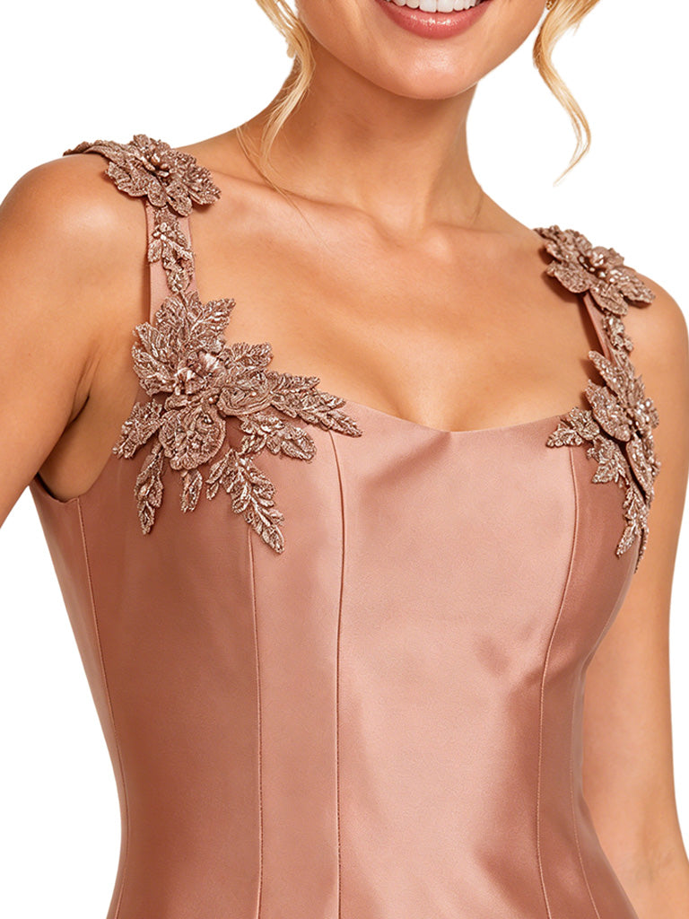 Chicsew Sexy Spaghetti Straps Floral Lace Appliqué Satin Unique Long Mermaid Bridesmaid Dresses
