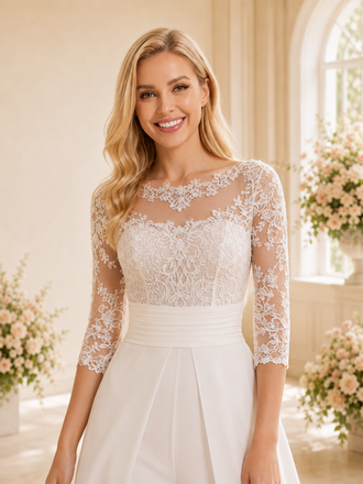 ChicSew Modern Illusion 3/4 Sleeves Chiffon Lace Applique Floor-Length Wedding Jumpsuit With Detachable Overlay