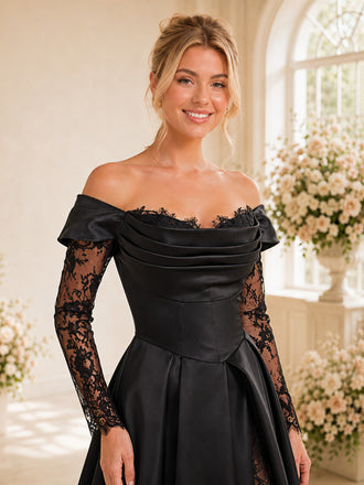ChicSew Black Satin Off The Shoulder Lace Sleeves Ruching A-Line Long Wedding Dresses