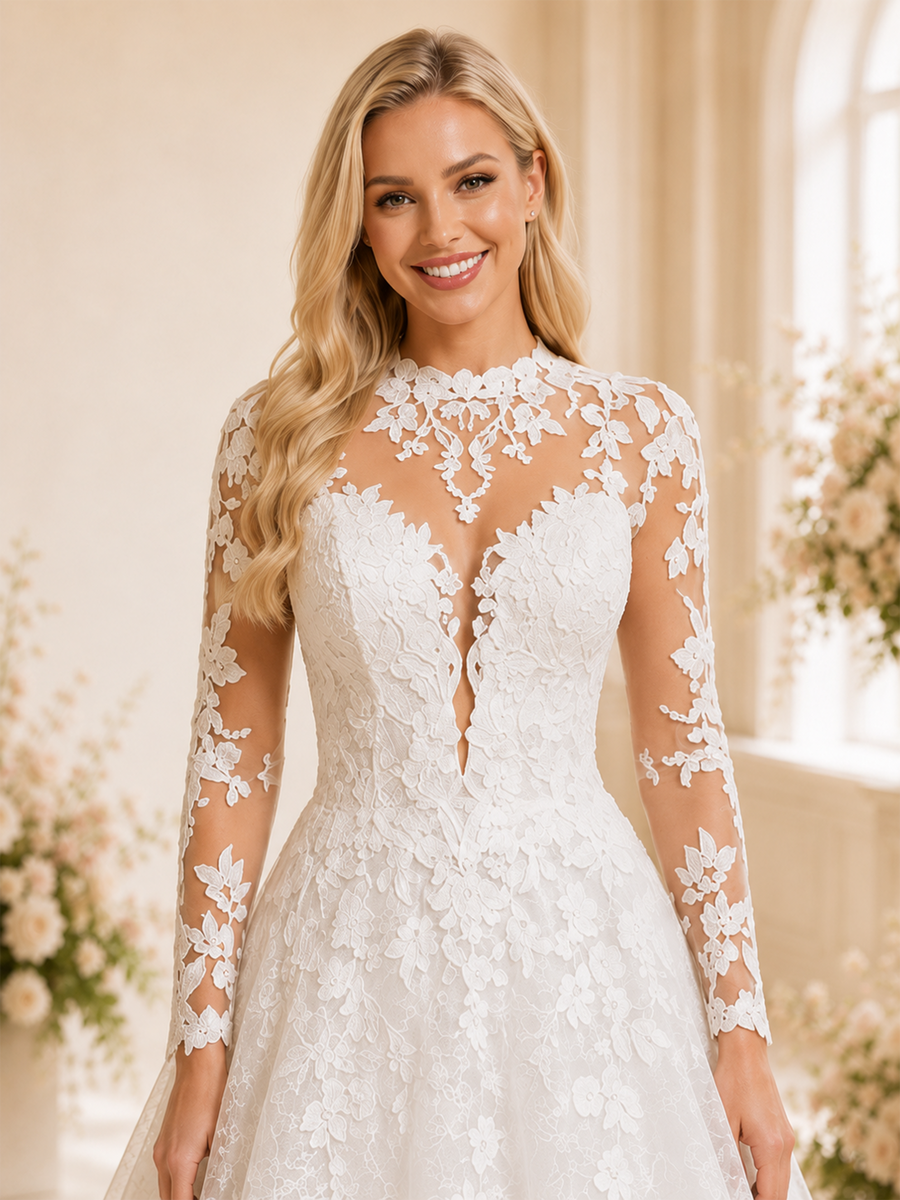 ChicSew Romantic High Neck Long Sleeves Lace Tulle A-Line Maxi Long Wedding Dresses