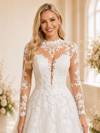 ChicSew Romantic High Neck Long Sleeves Lace Tulle A-Line Maxi Long Wedding Dresses