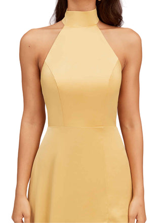 Elegant High Neck Side Slit Soft Satin A-Line Unique Long Bridesmaid Dresses