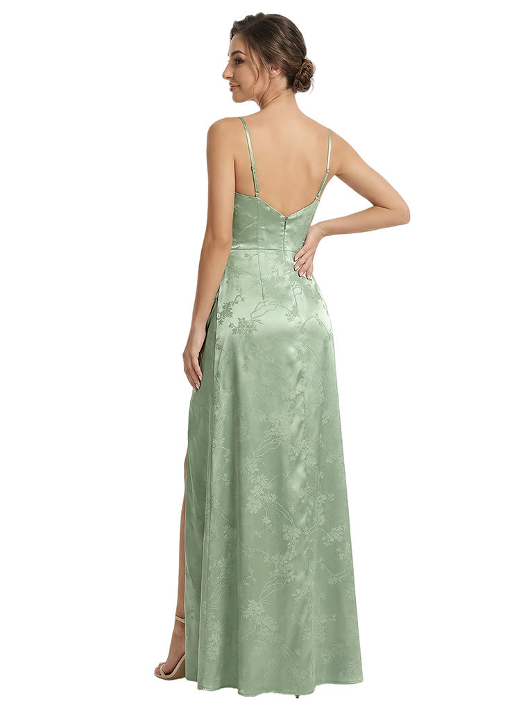 Elegant Jacquard Satin Spaghetti Straps Mermaid Long Formal Evening Dresses