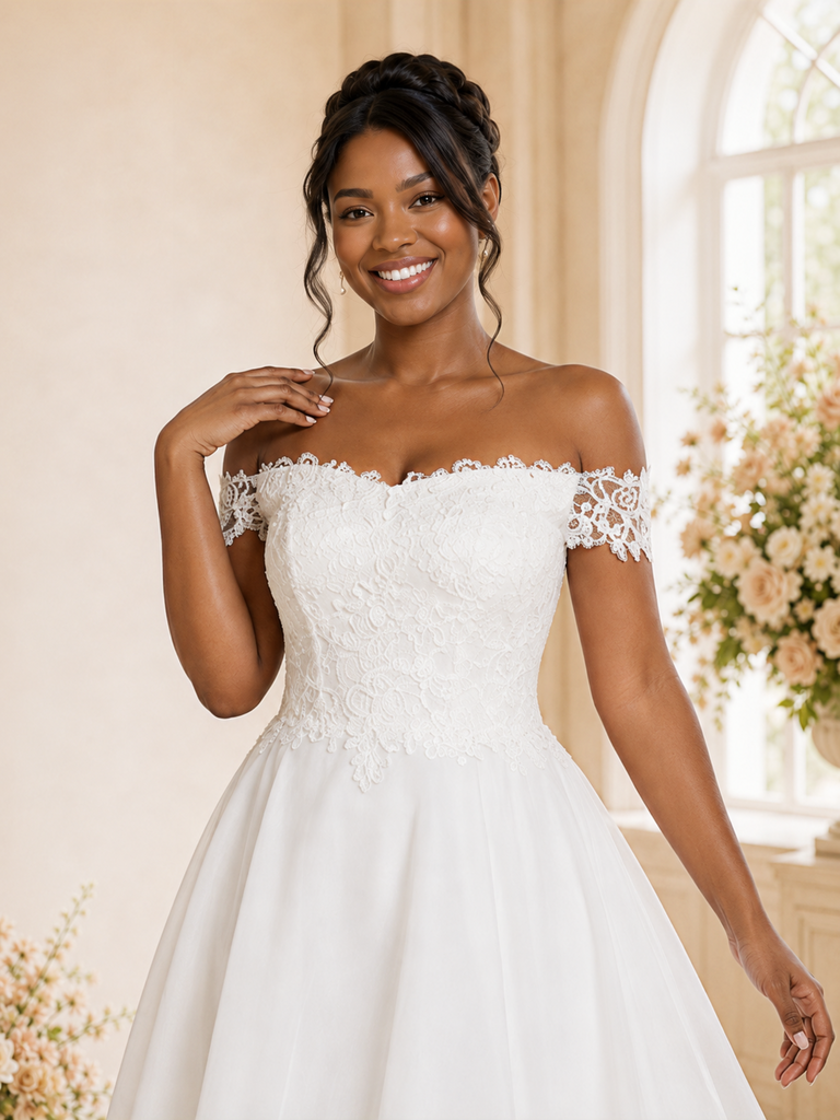 ChicSew Elegant Off The Shoulder Lace Chiffon A-Line High-Low Wedding Dress