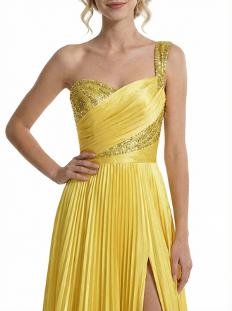Modern Pleated Satin One Shoulder Side Slit A-Line Long Party Prom Dresses
