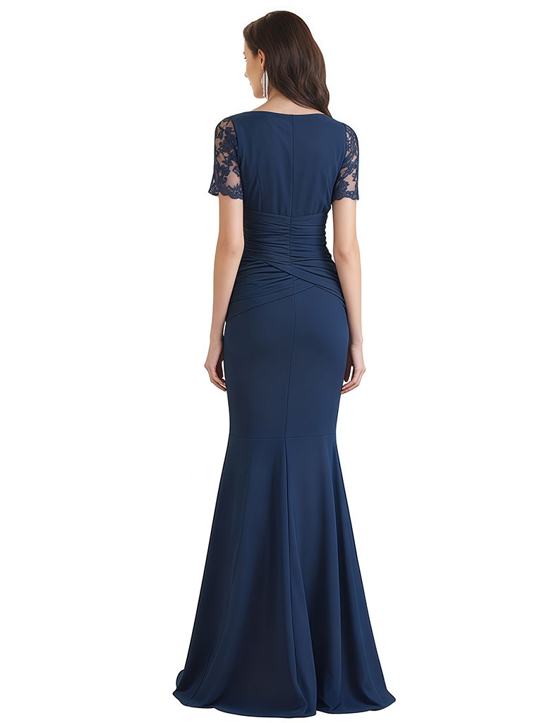 Elegant V-Neck Short Sleeves Chiffon Mermaid Floor-Length Mother of The Bride Dresses