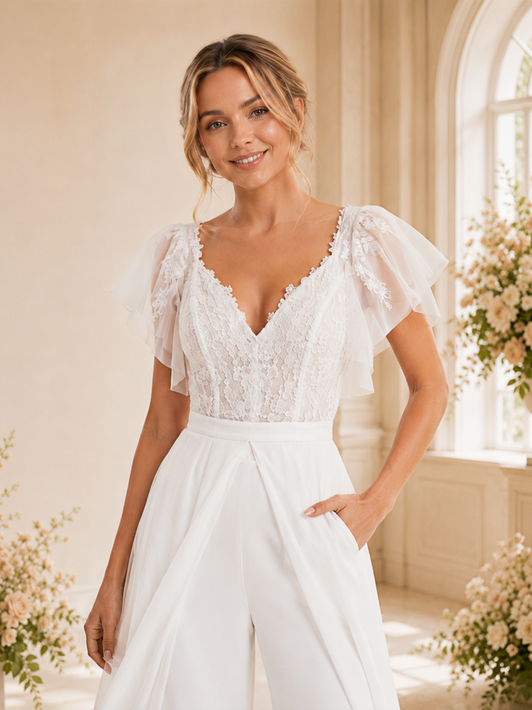 ChicSew Modern Unique V-Neck Flutter Sleeves Chiffon Applique Floor-Length Wedding Jumpsuit With Overskirt