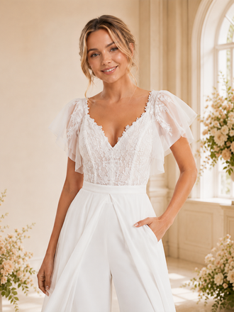 ChicSew Modern Unique V-Neck Flutter Sleeves Chiffon Applique Floor-Length Wedding Jumpsuit With Overskirt