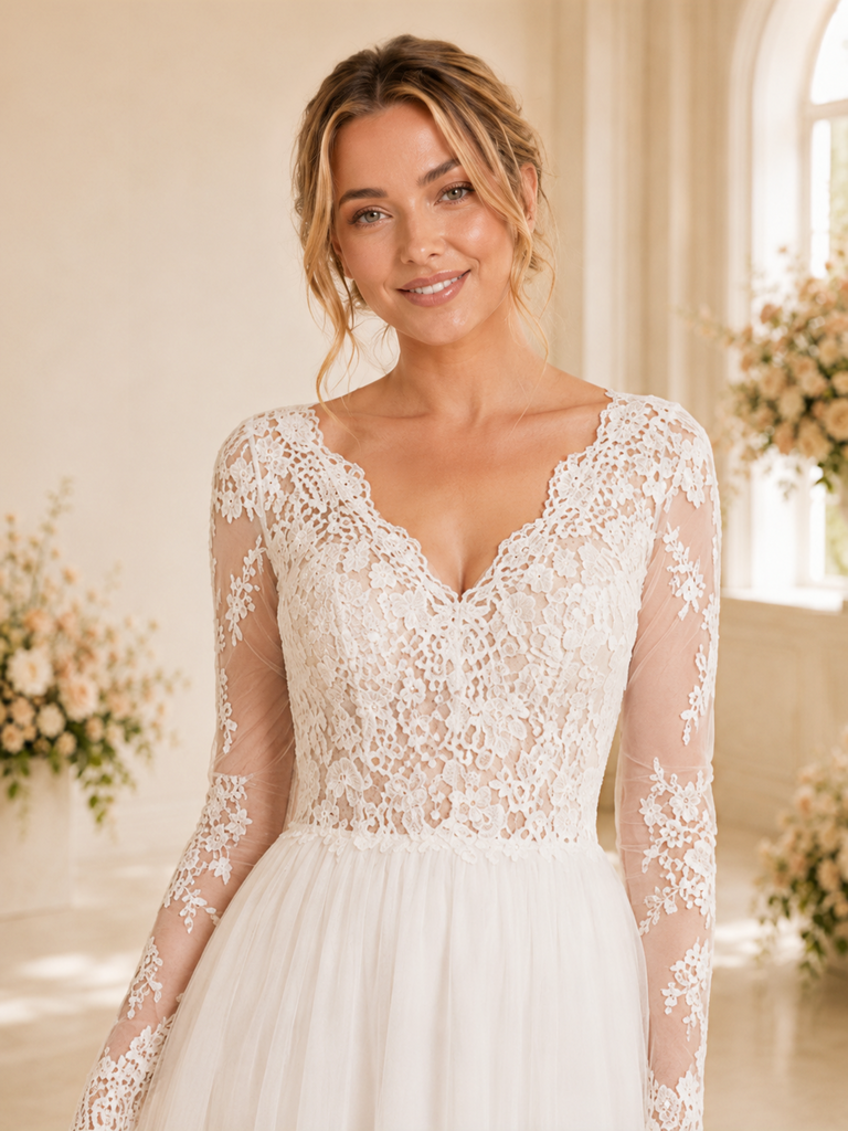 ChicSew Classy Lace Applique Tulle Long Sleeves A-Line Maxi Long Wedding Dress
