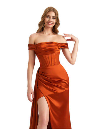 Unique Satin Off The Shoulder Side Split Boning Mermaid Pleated Long Bridesmaid Dresses