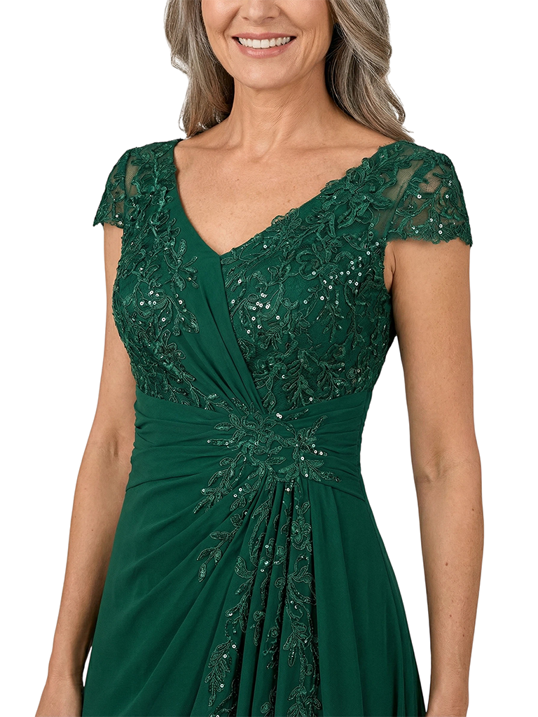 ChicSew V-Neck Cap Sleeves Lace Applique Sequin Ruched A-Line Chiffon Fancy Mother of the Bride Dresses