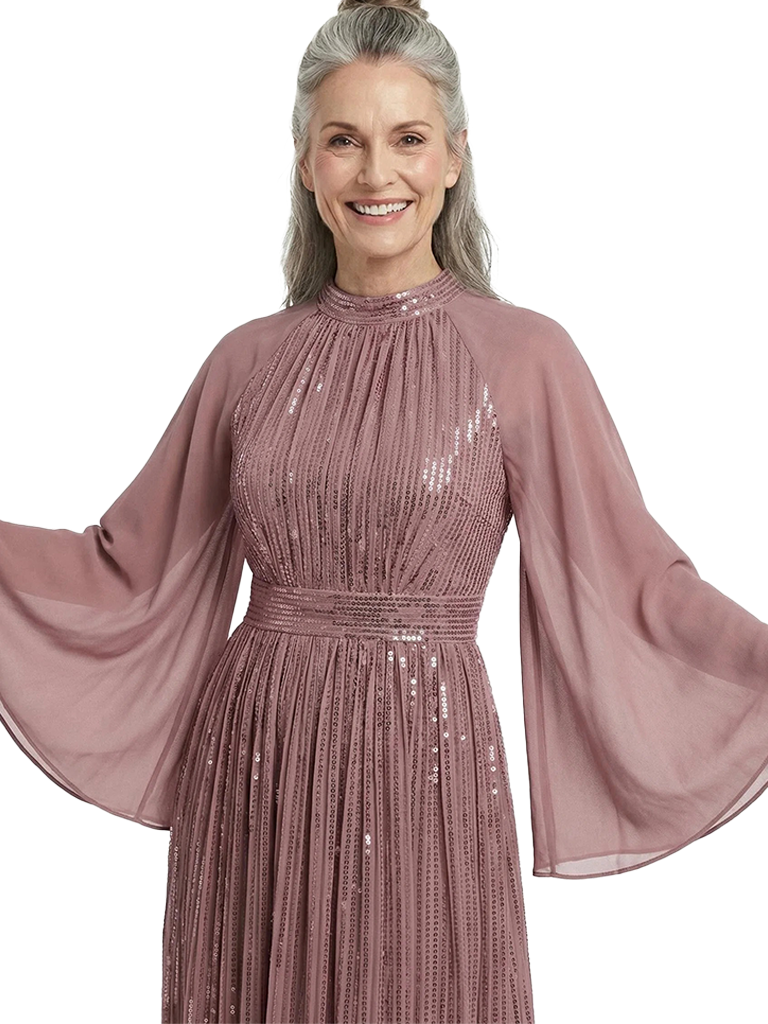 ChicSew High-Neck A-Line Chiffon Sequin Mother Of The Bride Dresses With Long Sleeves Floor-Length