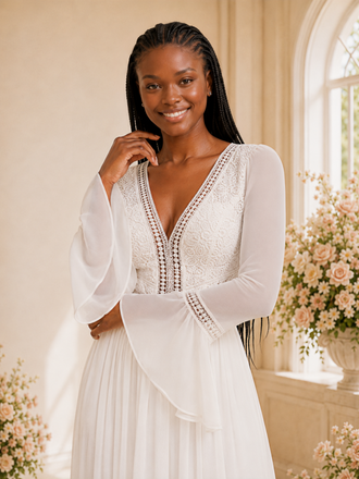 ChicSew Unique V-Neck Long Sleeves Chiffon A-Line Maxi Wedding Dress With Applique
