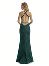 Shiny Spaghetti Straps Mermaid Glitter Jersey Long Formal Dresses For Women Side Slit