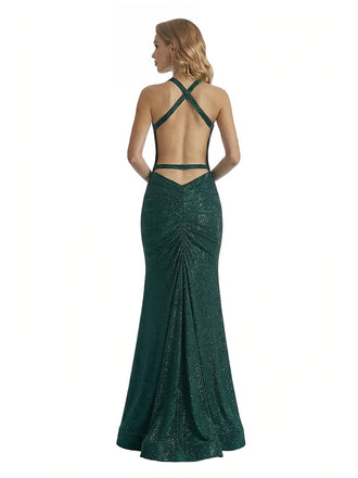 Shiny Spaghetti Straps Mermaid Glitter Jersey Long Formal Dresses For Women Side Slit