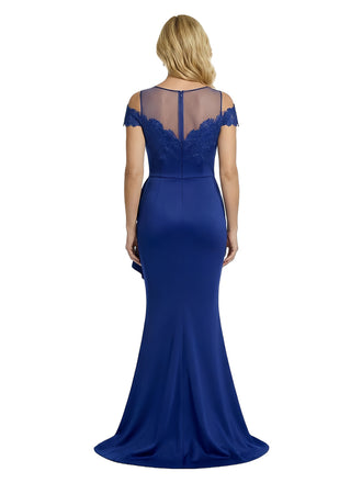 Elegant Mermaid Illusion Cap Sleeves Crepe Lace Long Mother of the Brides and Groom Dresses