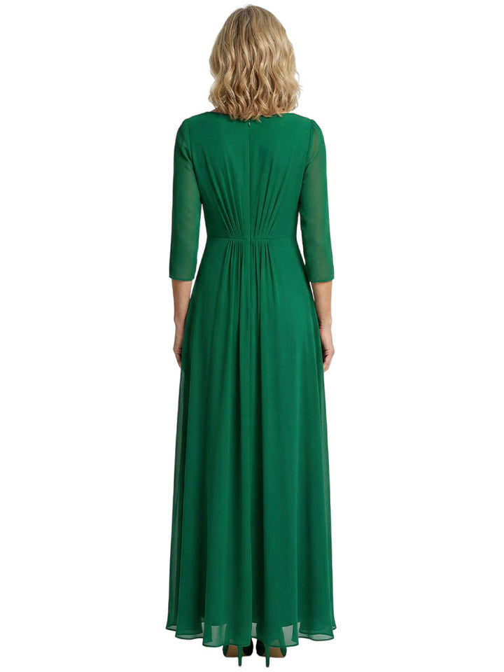 V-Neck A-Line Mother Of The Bride Dress 3/4 Sleeves Maxi Gown Formal Wedding Attire