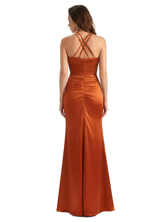 Sexy Mermaid Criss Cross Straps Silky Satin Maxi Formal Evening Dresses For Women Side Slit