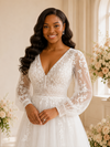 ChicSew Elegant A-Line V-Neck Long Sleeves Tulle Maxi Wedding Dress With Lace Applique