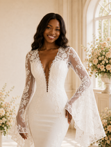 ChicSew Romantic Sexy Deep V-Neck Long Flutter Sleeves Tulle Lace Appliques Maxi Wedding Dress