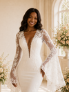 ChicSew Romantic Sexy Deep V-Neck Long Flutter Sleeves Tulle Lace Appliques Maxi Wedding Dress