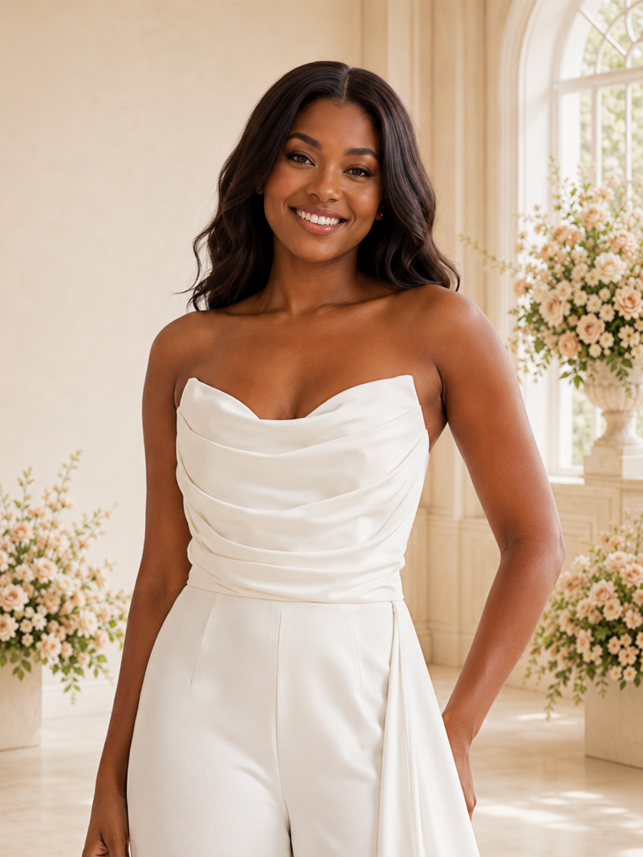 ChicSew Modern Strapless Ruching Satin Floor-Length Wedding Jumpsuit