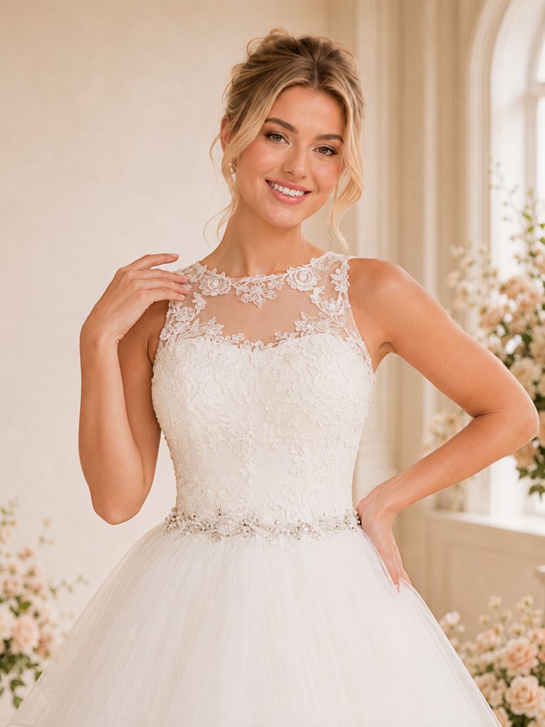 ChicSew Classy Illusion A-Line Lace Sleeveless Floor-Length Wedding Dresses With Button