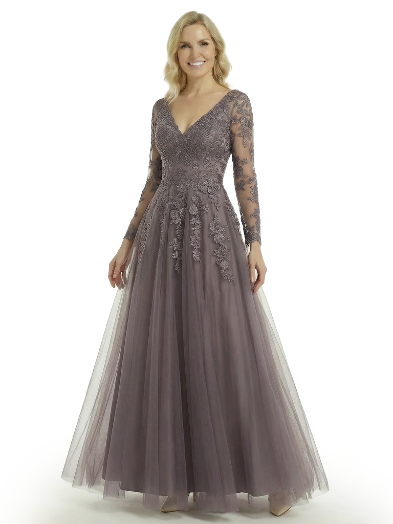 Fancy V-Neck A-Line Long Sleeves Lace Mother Of The Bride Dress