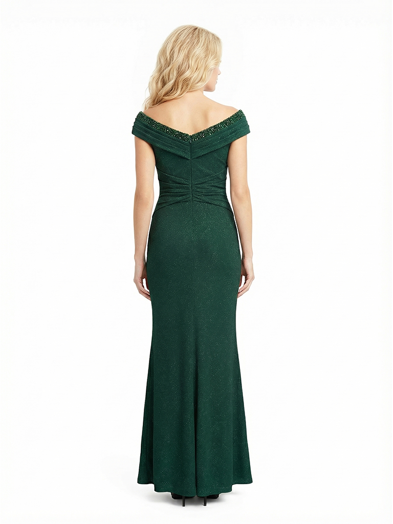 Classy Off The Shoulder Glitter Jersey Mother Of The Groom Dress Beaded Ruched Evening Gown
