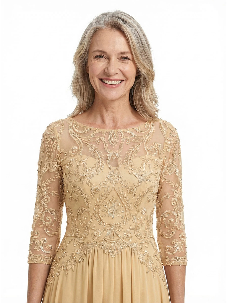 ChicSew Unique Illusion Lace A-Line Chiffon Evening Gowns Mother Of The Bride Dresses With Long Sleeves
