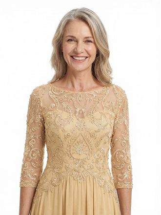 ChicSew Unique Illusion Lace A-Line Chiffon Evening Gowns Mother Of The Bride Dresses With Long Sleeves