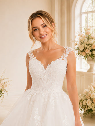 ChicSew Spaghetti Straps V-Neck A-Line High-Low Lace Tulle Wedding Dresses