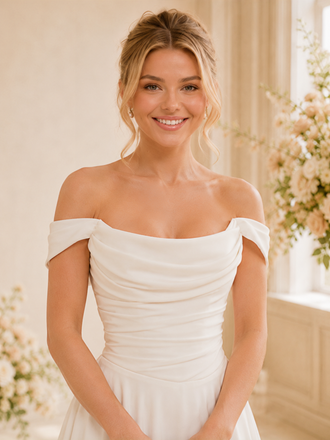 ChicSew Classy Off The Shoulder Satin Ruched A-Line Floor-Length Wedding Dress