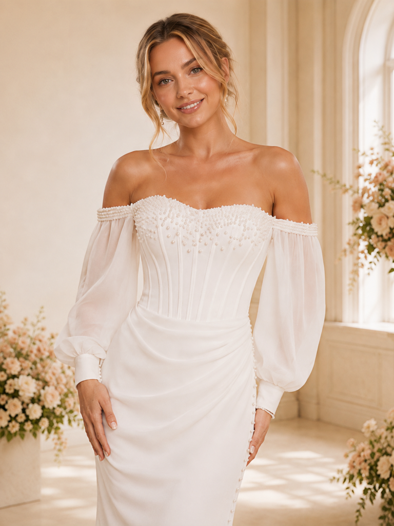 ChicSew Classy Chiffon Off The Shoulder Long Sleeves Mermaid Ruched Floor-Length Wedding Dress With Beading