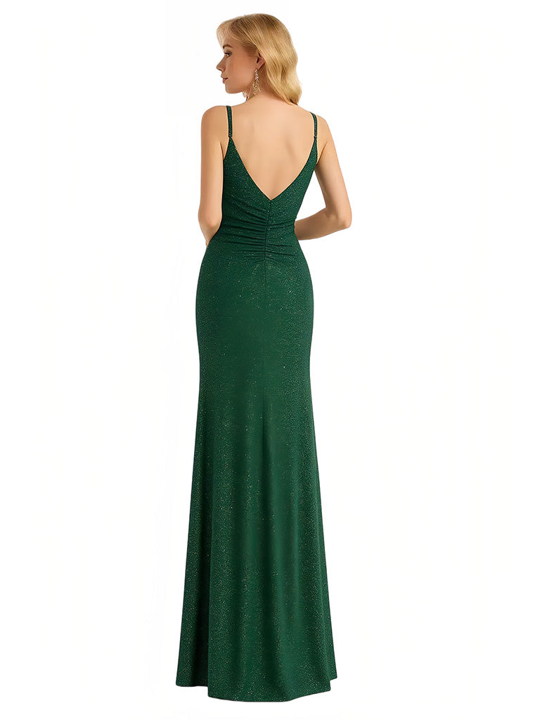 Shiny Spaghetti Straps Side Slit Mermaid Glitter Jersey Maxi Evening Dresses For Ladies